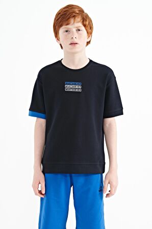 Lacivert Yazı Nakışlı O Yaka Oversize Erkek Çocuk T-Shirt - 11146 | 11-12 Yaş