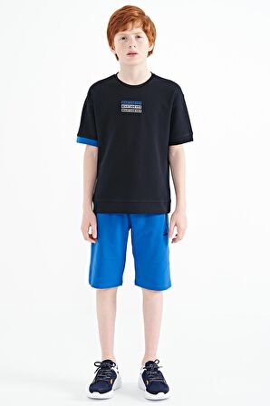 Lacivert Yazı Nakışlı O Yaka Oversize Erkek Çocuk T-Shirt - 11146 | 11-12 Yaş