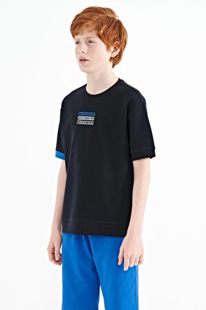 Lacivert Yazı Nakışlı O Yaka Oversize Erkek Çocuk T-Shirt - 11146 | 11-12 Yaş
