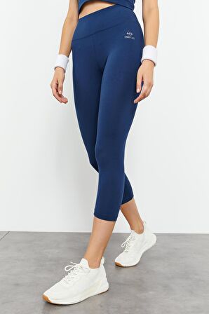 İndigo Yüksek Bel Kapri-Crop Atlet Slim Fit Kadın Tayt Takım - 95284 | M