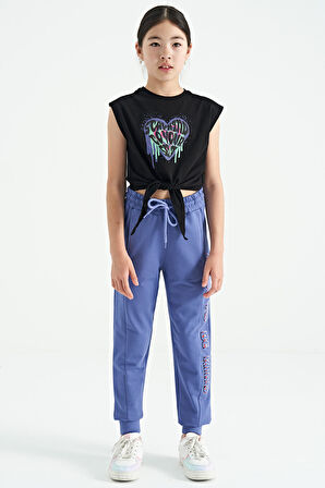 Siyah Kalp Baskılı Ön Düğüm Detaylı Rahat Form Kız Çocuk T-Shirt - 75114 | 7-8 Yaş