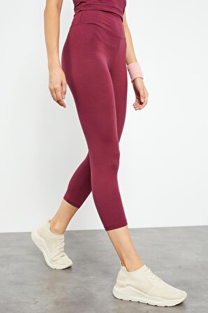 Bordo Yüksek Bel Kapri-Crop Atlet Slim Fit Kadın Tayt Takım - 95284 | L