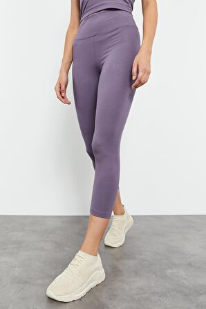 Eflatun Yüksek Bel Kapri-Crop Atlet Slim Fit Kadın Tayt Takım - 95284 | S