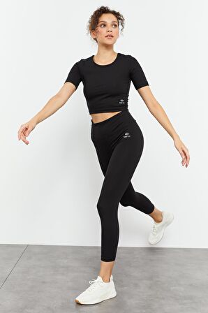 Siyah Yüksek Bel Kapri-Crop T-Shirt Slim Fit Kadın Tayt Takım - 95285 | XL