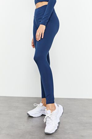 İndigo Yüksek Bel Uzun Kollu Slim Fit Crop Top Kadın Tayt Takım - 95286 | L