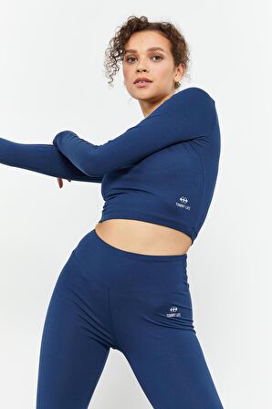 İndigo Yüksek Bel Uzun Kollu Slim Fit Crop Top Kadın Tayt Takım - 95286 | L