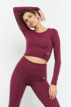 Bordo Yüksek Bel Uzun Kollu Slim Fit Crop Top Kadın Tayt Takım - 95286 | S