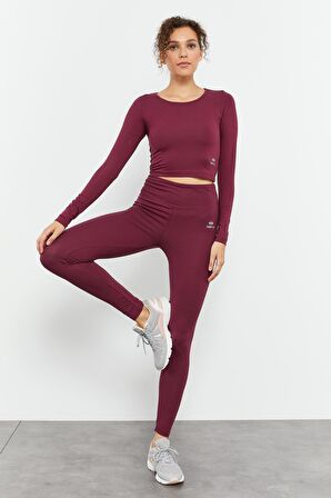 Bordo Yüksek Bel Uzun Kollu Slim Fit Crop Top Kadın Tayt Takım - 95286 | S