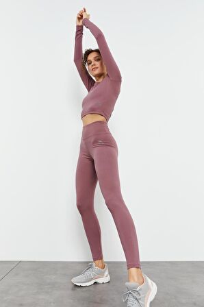 Gül Kurusu Yüksek Bel Uzun Kollu Slim Fit Crop Top Kadın Tayt Takım - 95286 | M