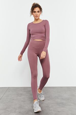 Gül Kurusu Yüksek Bel Uzun Kollu Slim Fit Crop Top Kadın Tayt Takım - 95286 | M