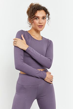 Eflatun Yüksek Bel Uzun Kollu Slim Fit Crop Top Kadın Tayt Takım - 95286 | S