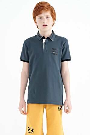 Orman Yeşili Yakası Renk Bloklu Baskı Detaylı Standart Kalıp Erkek Çocuk T-Shirt - 11111 | 12-13 Yaş