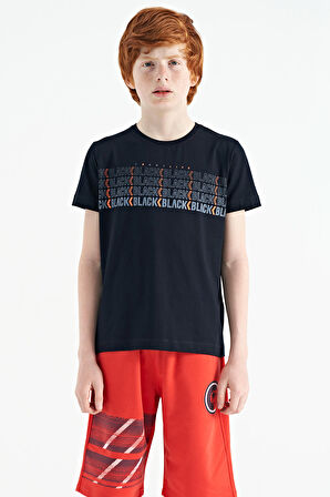Lacivert Yazı Baskılı O Yaka Standart Kalıp Erkek Çocuk T-Shirt - 11149 | 12-13 Yaş