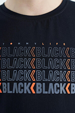 Lacivert Yazı Baskılı O Yaka Standart Kalıp Erkek Çocuk T-Shirt - 11149 | 12-13 Yaş
