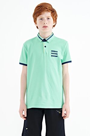 Su Yeşili Yakası Renk Bloklu Baskı Detaylı Standart Kalıp Erkek Çocuk T-Shirt - 11111 | 8-9 Yaş