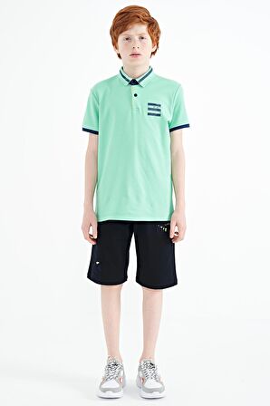 Su Yeşili Yakası Renk Bloklu Baskı Detaylı Standart Kalıp Erkek Çocuk T-Shirt - 11111 | 8-9 Yaş