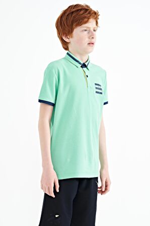 Su Yeşili Yakası Renk Bloklu Baskı Detaylı Standart Kalıp Erkek Çocuk T-Shirt - 11111 | 8-9 Yaş