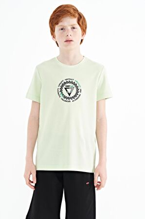 Açık Yeşil Nakış İşleme Detaylı O Yaka Standart Kalıp Erkek Çocuk T-Shirt - 11115