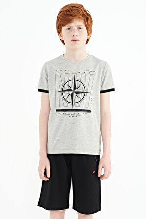 Gri Melanj Pusula Baskılı Standart Kalıp O Yaka Erkek Çocuk T-Shirt - 11106
