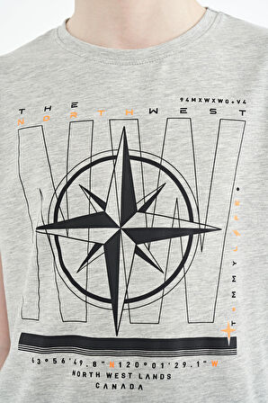 Gri Melanj Pusula Baskılı Standart Kalıp O Yaka Erkek Çocuk T-Shirt - 11106