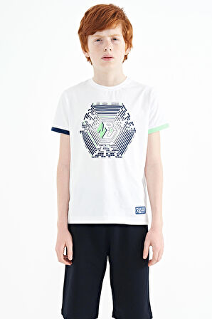 Beyaz Kol Ucu Renkli Detaylı Baskılı Standart Kalıp Erkek Çocuk T-Shirt - 11156 | 8-9 Yaş
