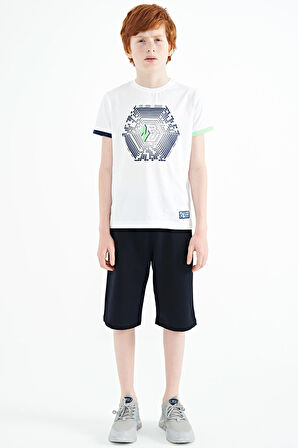 Beyaz Kol Ucu Renkli Detaylı Baskılı Standart Kalıp Erkek Çocuk T-Shirt - 11156 | 8-9 Yaş