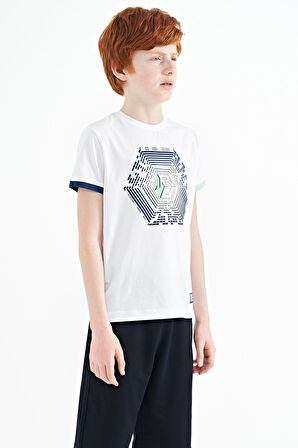 Beyaz Kol Ucu Renkli Detaylı Baskılı Standart Kalıp Erkek Çocuk T-Shirt - 11156 | 8-9 Yaş