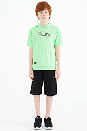 Neon Yeşil Kanguru Cepli Kapüşonlu Oversize Erkek Çocuk T-Shirt - 11160 | 10-11 Yaş