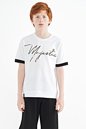 Beyaz Ön Yazı Nakışlı O Yaka Oversize Erkek Çocuk T-Shirt - 11147 | 7-8 Yaş