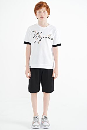 Beyaz Ön Yazı Nakışlı O Yaka Oversize Erkek Çocuk T-Shirt - 11147 | 7-8 Yaş