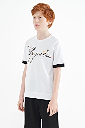 Beyaz Ön Yazı Nakışlı O Yaka Oversize Erkek Çocuk T-Shirt - 11147 | 7-8 Yaş