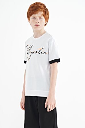 Beyaz Ön Yazı Nakışlı O Yaka Oversize Erkek Çocuk T-Shirt - 11147 | 7-8 Yaş