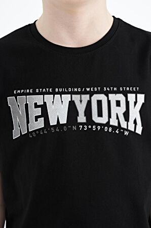 Siyah Yazı Baskılı Standart Kalıp O Yaka Erkek  Çocuk T-Shirt - 11105 | 7-8 Yaş