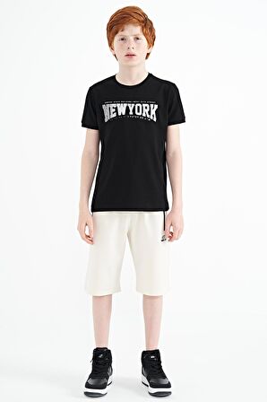 Siyah Yazı Baskılı Standart Kalıp O Yaka Erkek  Çocuk T-Shirt - 11105 | 7-8 Yaş