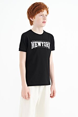 Siyah Yazı Baskılı Standart Kalıp O Yaka Erkek  Çocuk T-Shirt - 11105 | 7-8 Yaş