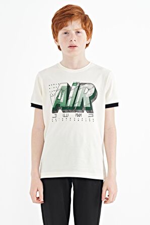 Ekru Yazı Baskılı Standart Kalıp O Yaka Erkek Çocuk T-Shirt - 11098 | 5-6 Yaş
