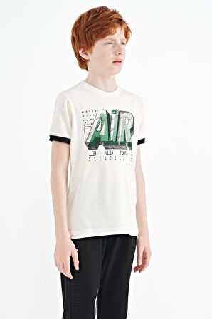 Ekru Yazı Baskılı Standart Kalıp O Yaka Erkek Çocuk T-Shirt - 11098 | 5-6 Yaş