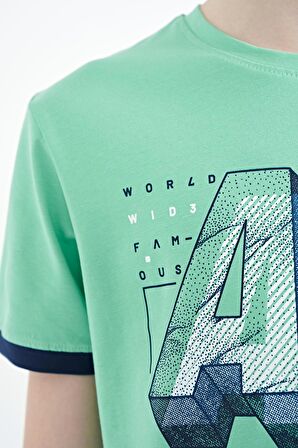 Su Yeşili Yazı Baskılı Standart Kalıp O Yaka Erkek Çocuk T-Shirt - 11098 | 3-4 Yaş
