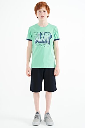 Su Yeşili Yazı Baskılı Standart Kalıp O Yaka Erkek Çocuk T-Shirt - 11098 | 3-4 Yaş