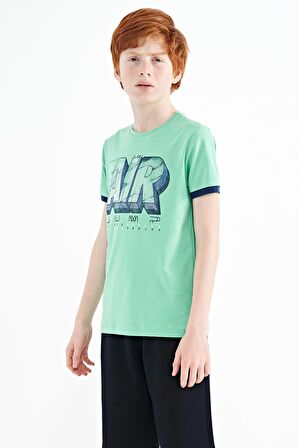Su Yeşili Yazı Baskılı Standart Kalıp O Yaka Erkek Çocuk T-Shirt - 11098 | 3-4 Yaş