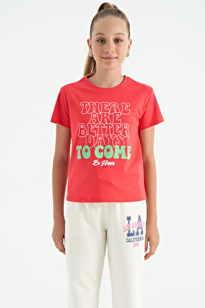 Rose O Yaka Yazı Baskılı Rahat Form Kısa Kollu Cropped Kız Çocuk T-Shirt - 75118 | 13-14 Yaş