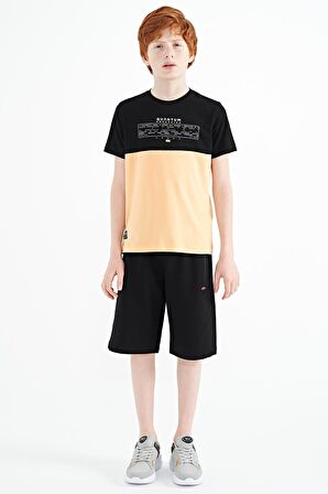Kavun Içi Yazı Baskılı Renk Bloklu Standart Kalıp O Yaka Erkek Çocuk T-Shirt - 11134
