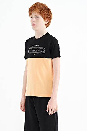 Kavun Içi Yazı Baskılı Renk Bloklu Standart Kalıp O Yaka Erkek Çocuk T-Shirt - 11134