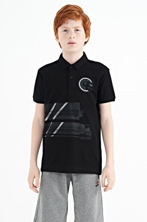 Siyah Baskı Detaylı Polo Yaka Standart Kalıp Erkek Çocuk T-Shirt - 11094 | 7-8 Yaş