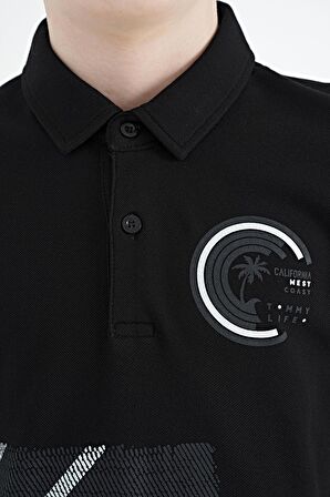 Siyah Baskı Detaylı Polo Yaka Standart Kalıp Erkek Çocuk T-Shirt - 11094 | 7-8 Yaş