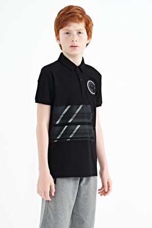 Siyah Baskı Detaylı Polo Yaka Standart Kalıp Erkek Çocuk T-Shirt - 11094 | 7-8 Yaş