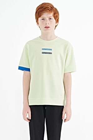 Açık Yeşil Yazı Nakışlı O Yaka Oversize Erkek Çocuk T-Shirt - 11146