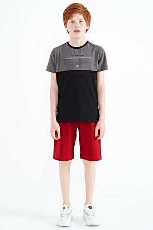 Siyah Yazı Baskılı Renk Bloklu Standart Kalıp O Yaka Erkek Çocuk T-Shirt - 11134 | 9-10 Yaş