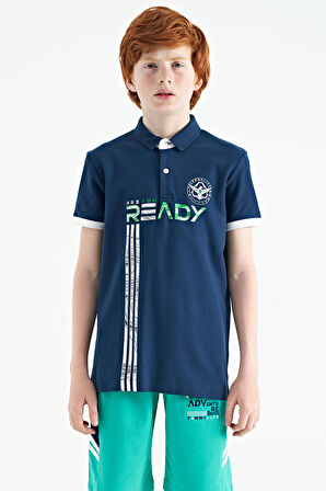 İndigo Yazı Baskı Desenli Standart Kalıp Polo Yaka Erkek Çocuk T-Shirt - 11143