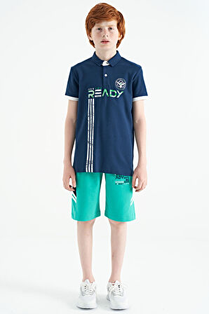 İndigo Yazı Baskı Desenli Standart Kalıp Polo Yaka Erkek Çocuk T-Shirt - 11143
